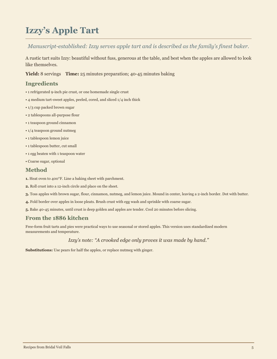 Izzy's Apple Tart recipe card from Bridal Veil Falls