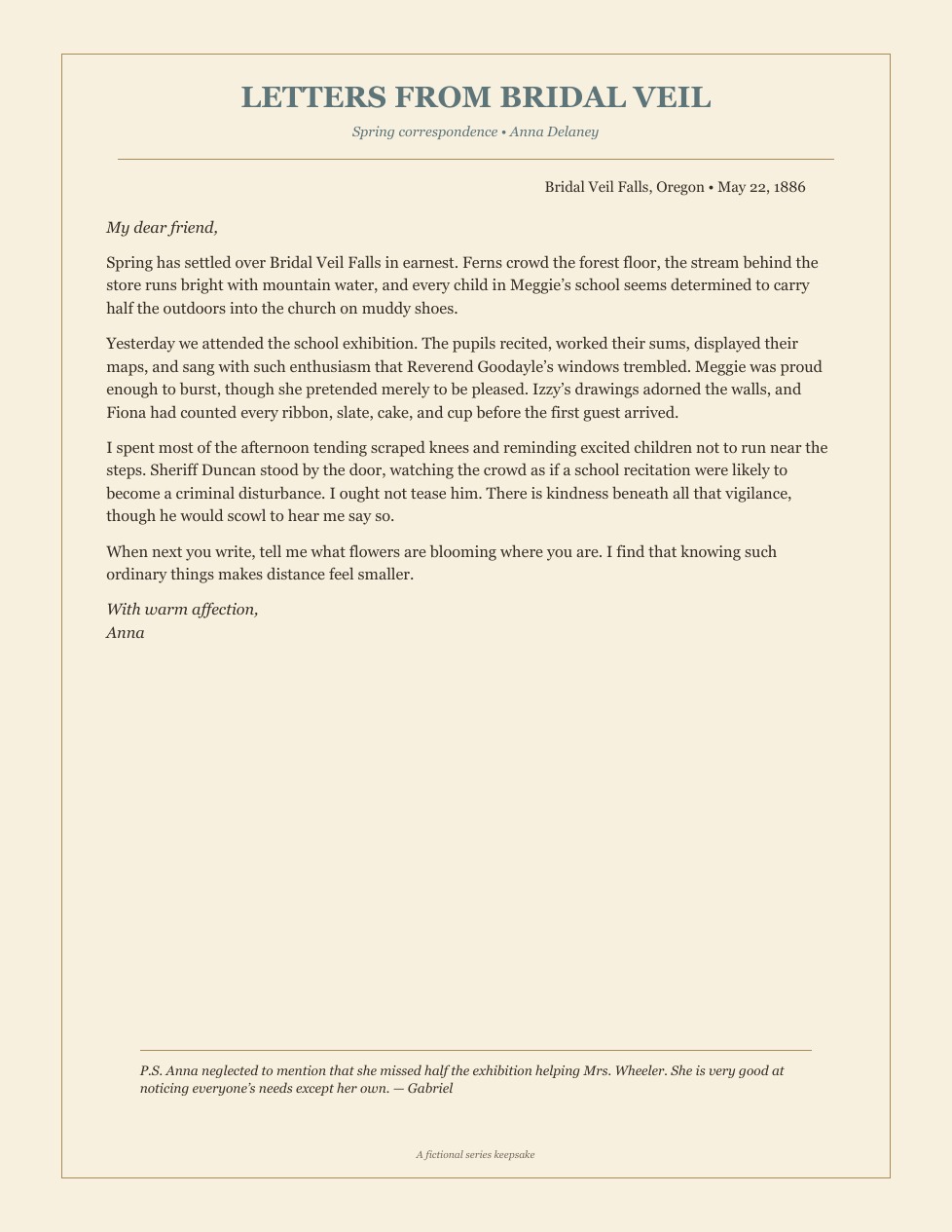Spring Letter from Anna Delaney, handwritten seasonal correspondence from Bridal Veil Falls