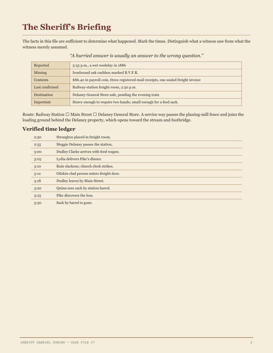Case briefing and timeline for Sheriff Duncan's investigation