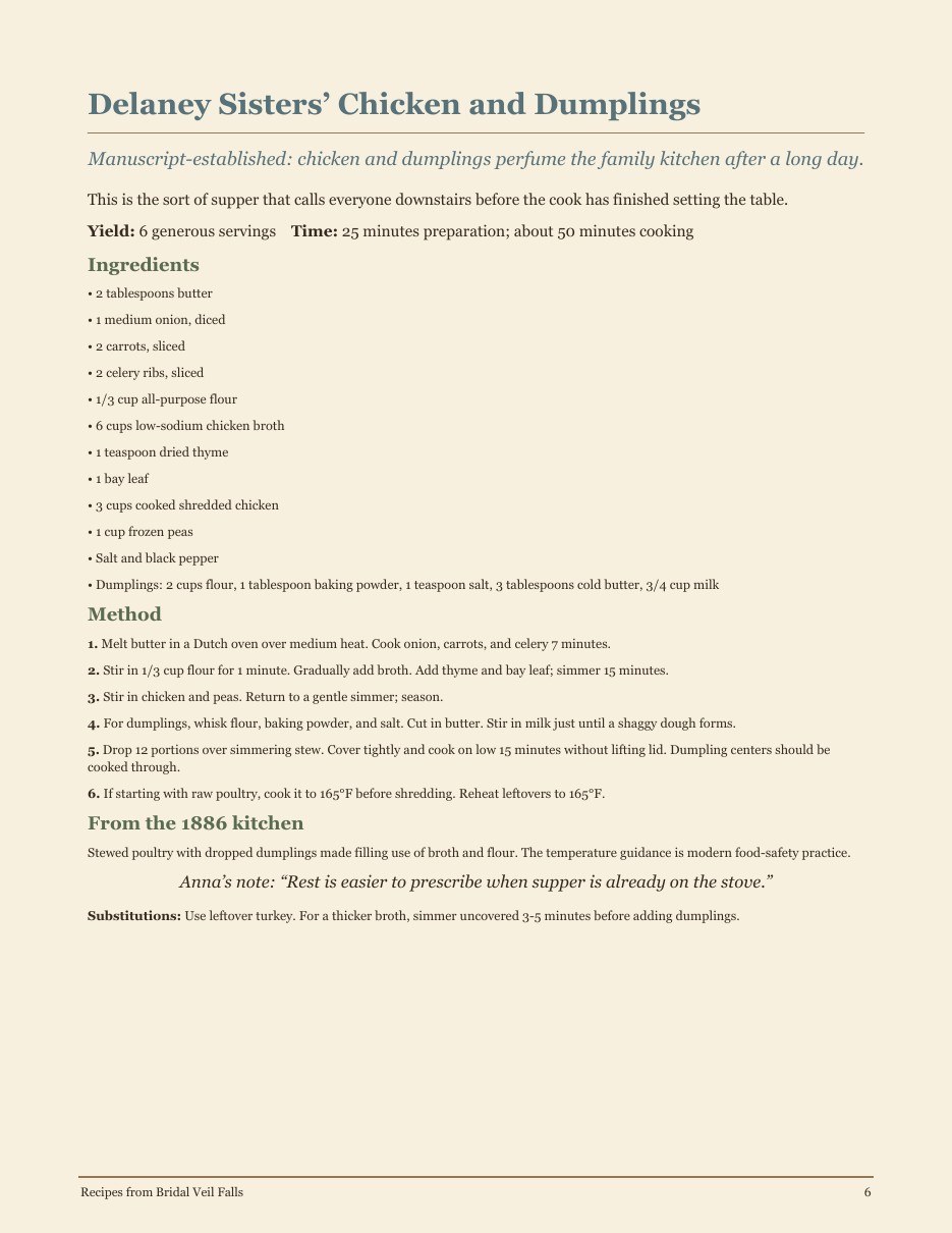 Delaney Sisters' Chicken and Dumplings recipe card from Bridal Veil Falls