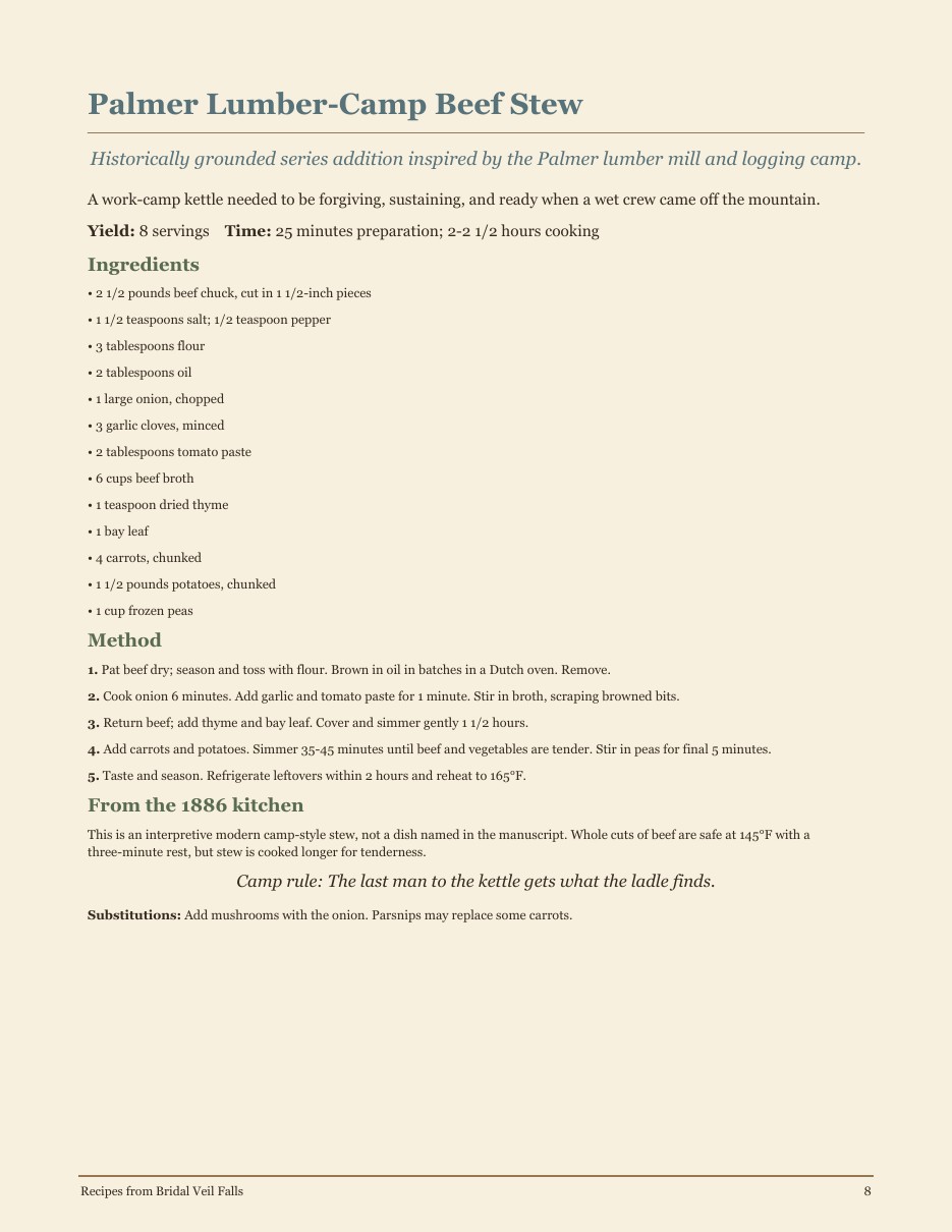 Palmer Lumber Camp Beef Stew recipe card from Bridal Veil Falls