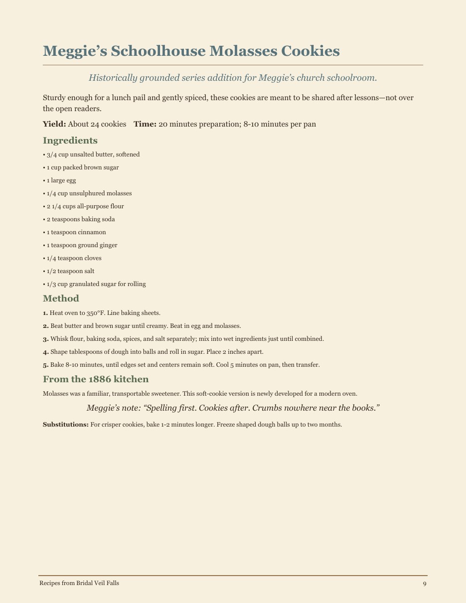 Meggie's Schoolhouse Molasses Cookies recipe card from Bridal Veil Falls