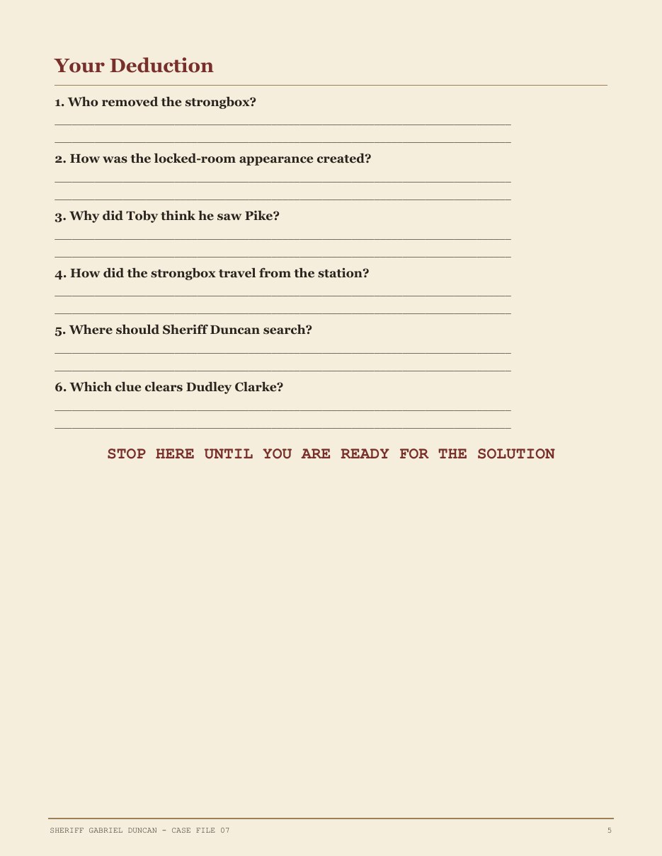 Reader deduction sheet for solving Sheriff Duncan's case