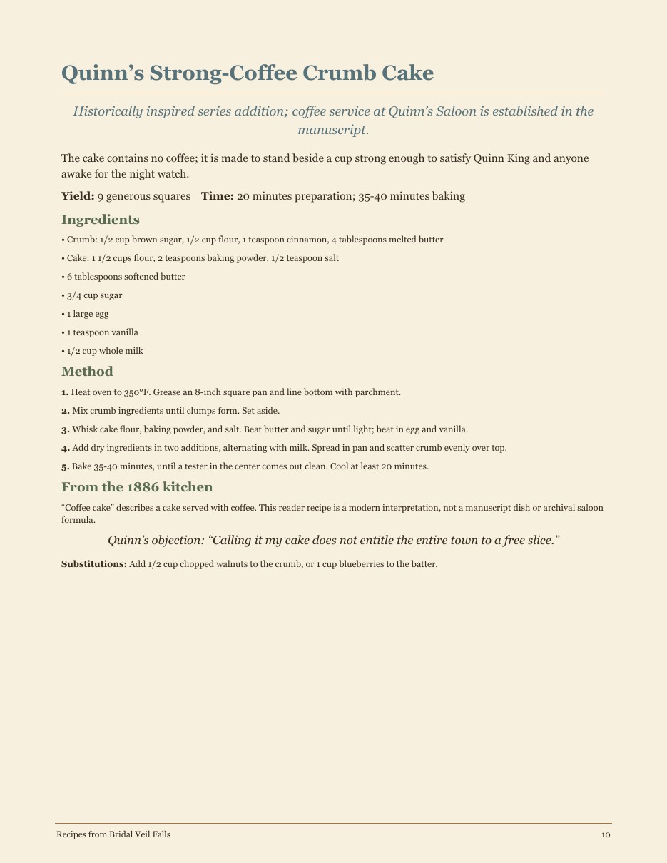 Quinn's Strong Coffee Crumb Cake recipe card from Bridal Veil Falls