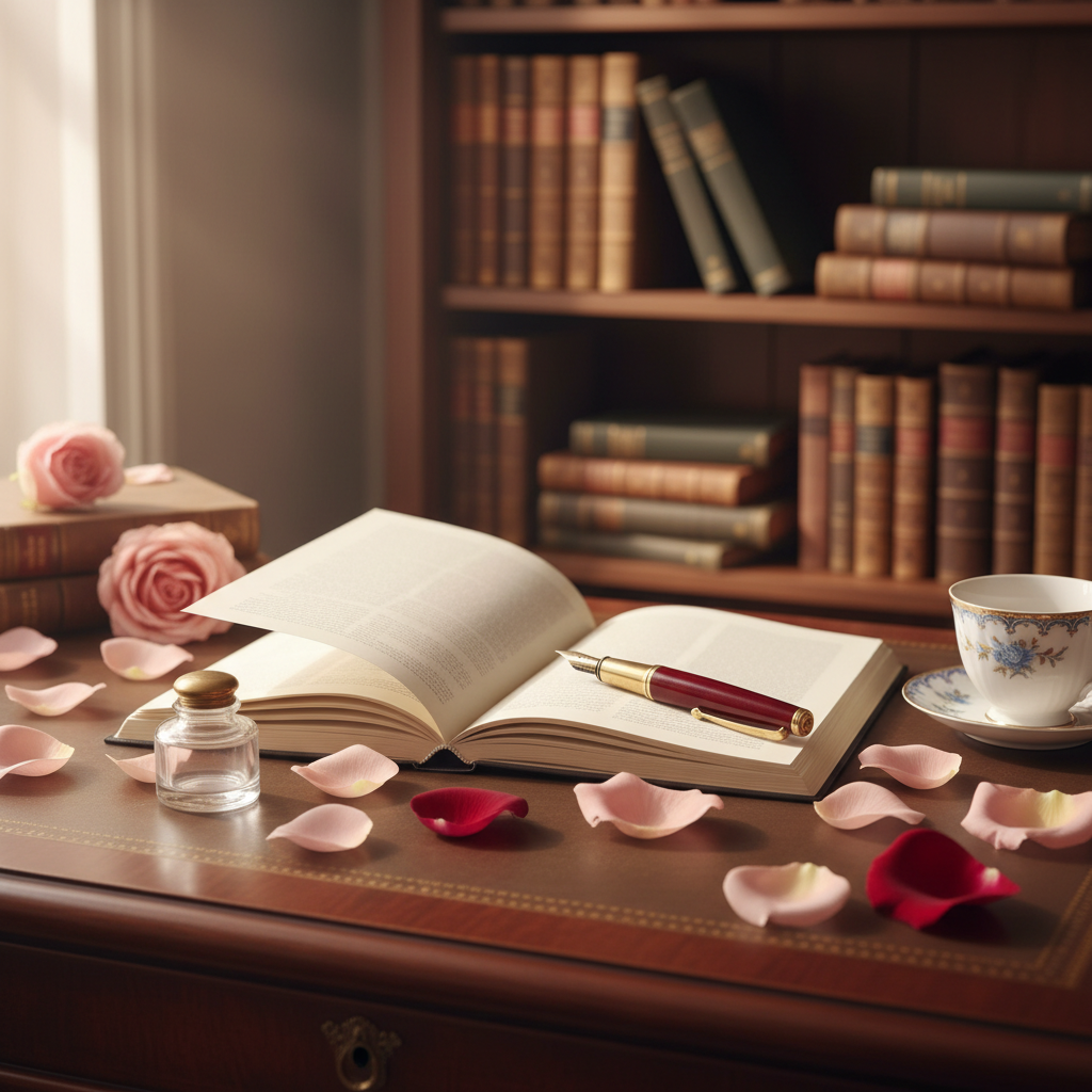 An antique writing desk arranged as a romance author’s creative space, captured in photographic realism. At the center, an open, blank cream-colored notebook with thick, textured pages rests beside a vintage brass fountain pen with a dark burgundy barrel. Around it, scattered rose petals in soft pink and deep crimson, a small glass ink bottle, and a delicate porcelain teacup with a floral pattern sit on the richly grained mahogany surface. Behind, a blurred bookshelf filled with leather-bound volumes hints at historical and paranormal romance genres. Soft morning sunlight filters in from a side window, casting gentle streaks of light, subtle shadows, and a warm, hopeful glow. Shot from a slightly elevated angle with a moderate depth of field, creating an inspiring, sophisticated, and uplifting atmosphere.