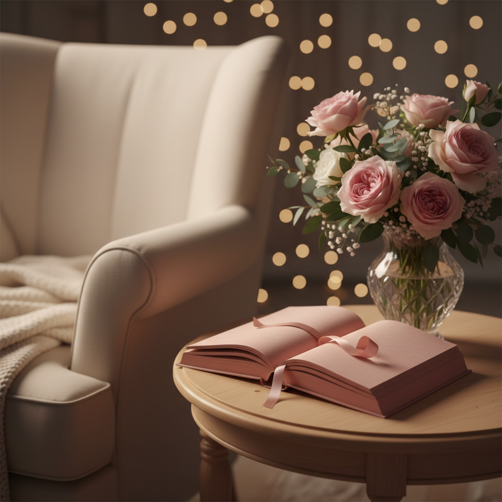 A cozy reading nook styled for a romance author’s website, in photographic realism. A plush, cream-colored armchair is implied by the curve of its arm and back, but kept mostly out of frame; instead, the focus is on a small round side table in front of it. On the table, a single elegantly bound book with a blank, rose-colored cover lies half-open, a satin ribbon marking the place. Beside it, a crystal vase holds a loose, romantic bouquet of garden roses, eucalyptus, and baby’s breath. String lights create soft bokeh in the background, suggesting an intimate evening setting. Warm, diffused lamplight bathes the scene, casting gentle, inviting shadows. Shot at a three-quarter angle with shallow depth of field, the mood is uplifting, tender, and sophisticated, perfect for a clean romance author brand.